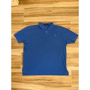 Polo Ralph Lauren Mens XXL Blue Short Sleeve Pique Polo Shirt Orange Pony Logo